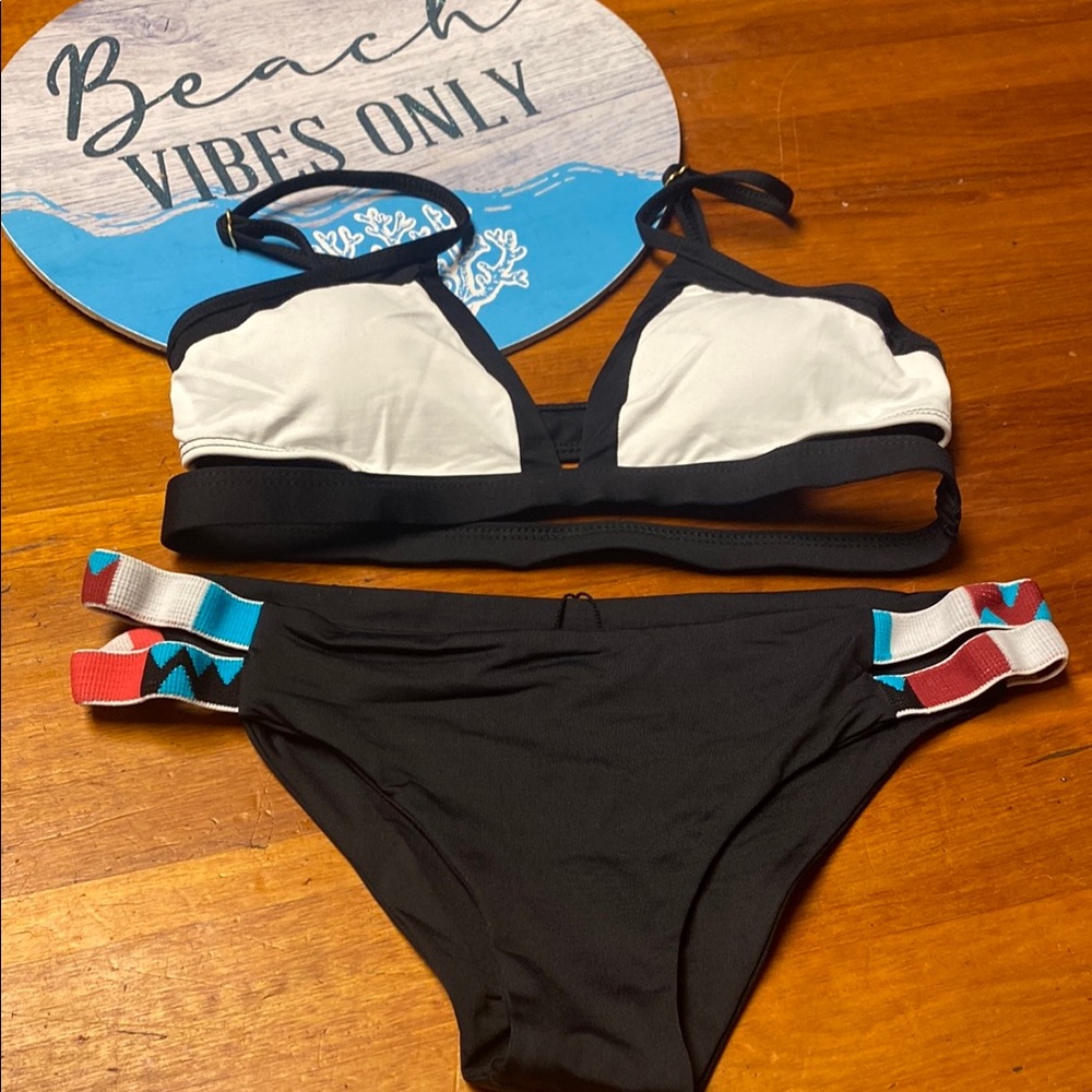 l*space Black and White Bikini with Turquoise and Coral Strap Accents